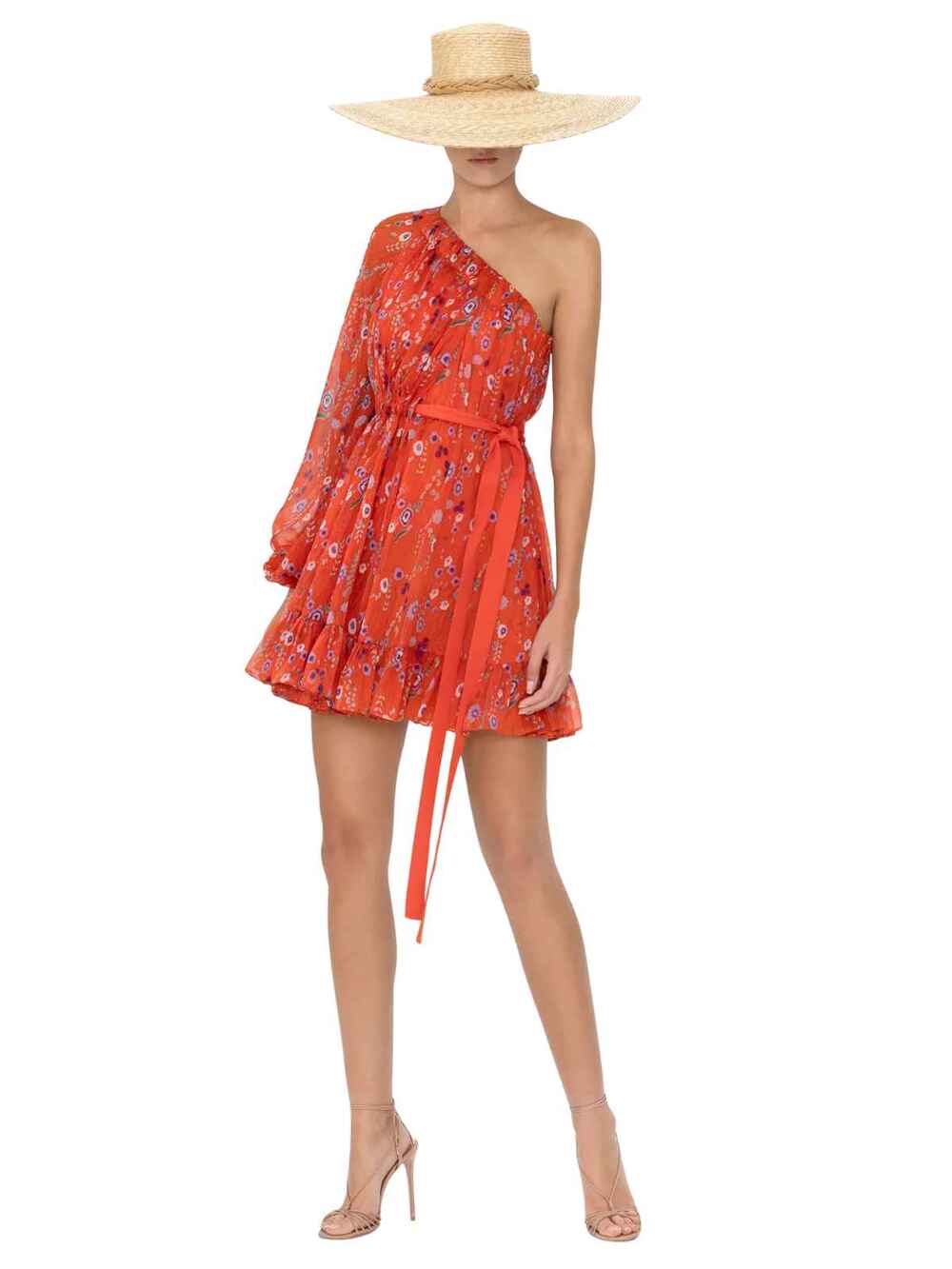 Alexis Edyta One Shoulder Ruffle Long Sleeve Floral Mini Dress Red Women's XS